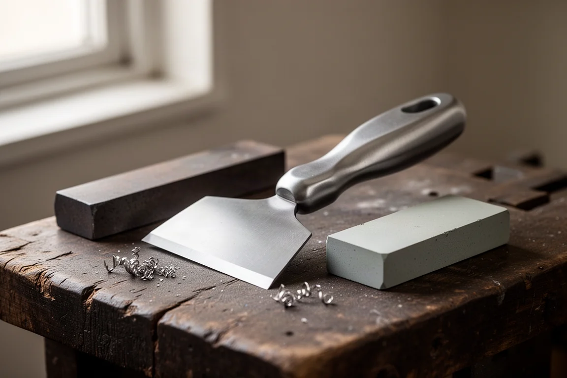 Heavy metal scraper resting on a workbench beside a sharpening stone