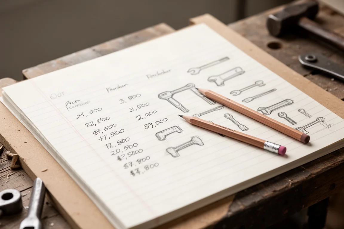 Tool price tags displayed on a workbench ledger with a hand-written list