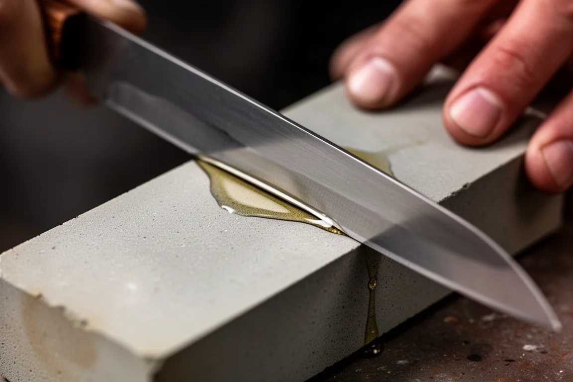 Close-up of a scraper blade edge being honed on a whetstone