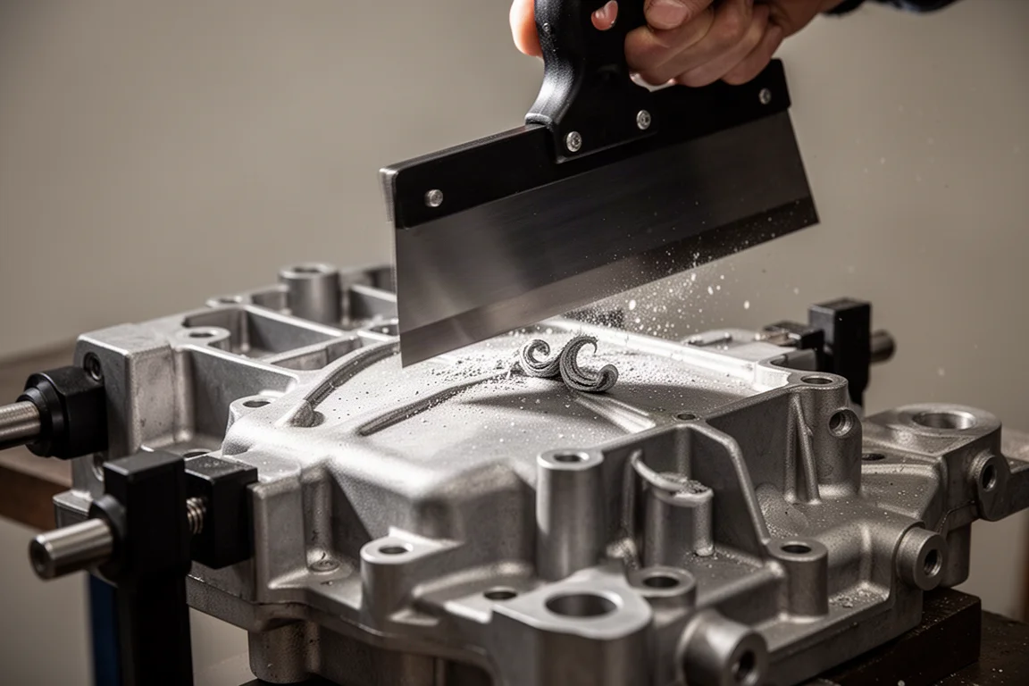 Scraper being used to clean gasket material from a cast metal surface