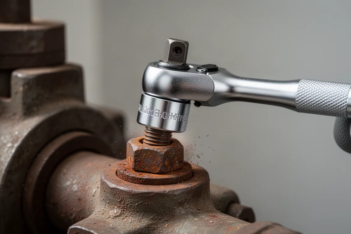 Ratchet de dado de cuarto de pulgada con un dado asentado en la cabeza oxidada de un tornillo