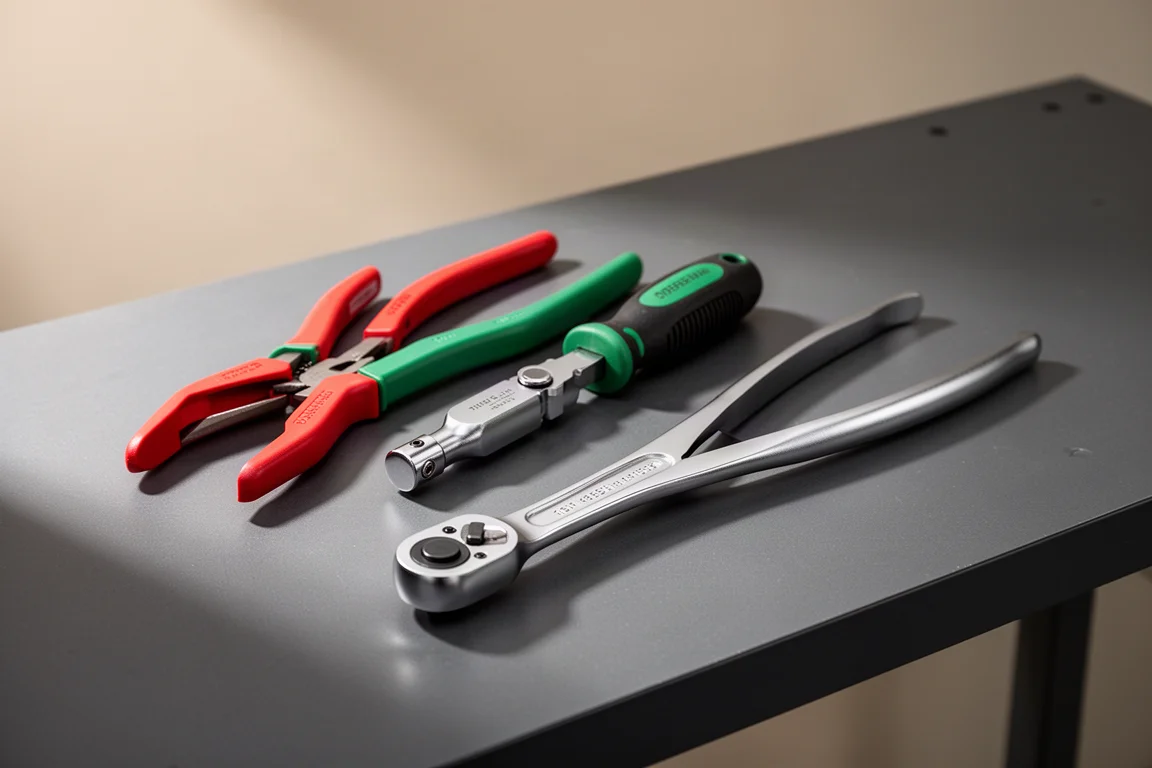 Quattro utensili manuali Snap-on, tra cui pinze e un cricchetto da 1/4 di pollice, su un banco da lavoro