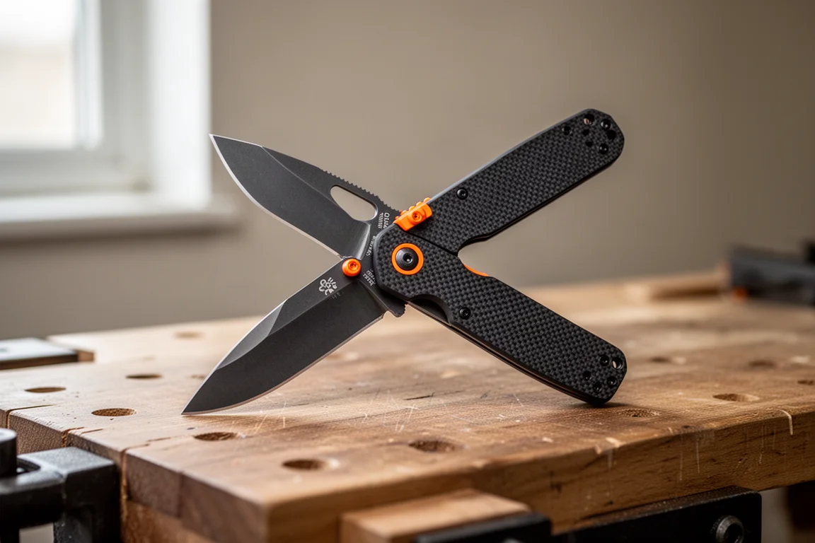 Folding pocket knife with orange accents open on a wooden workbench