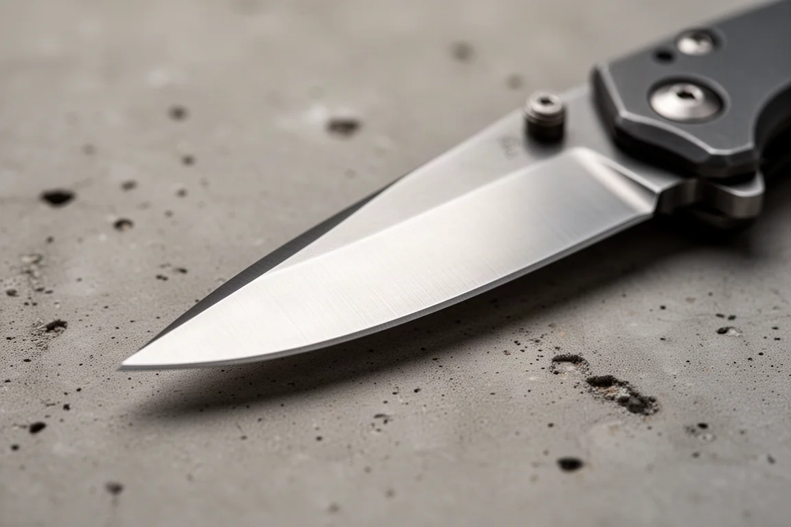 Close-up of a folding knife blade showing fine grind lines on steel
