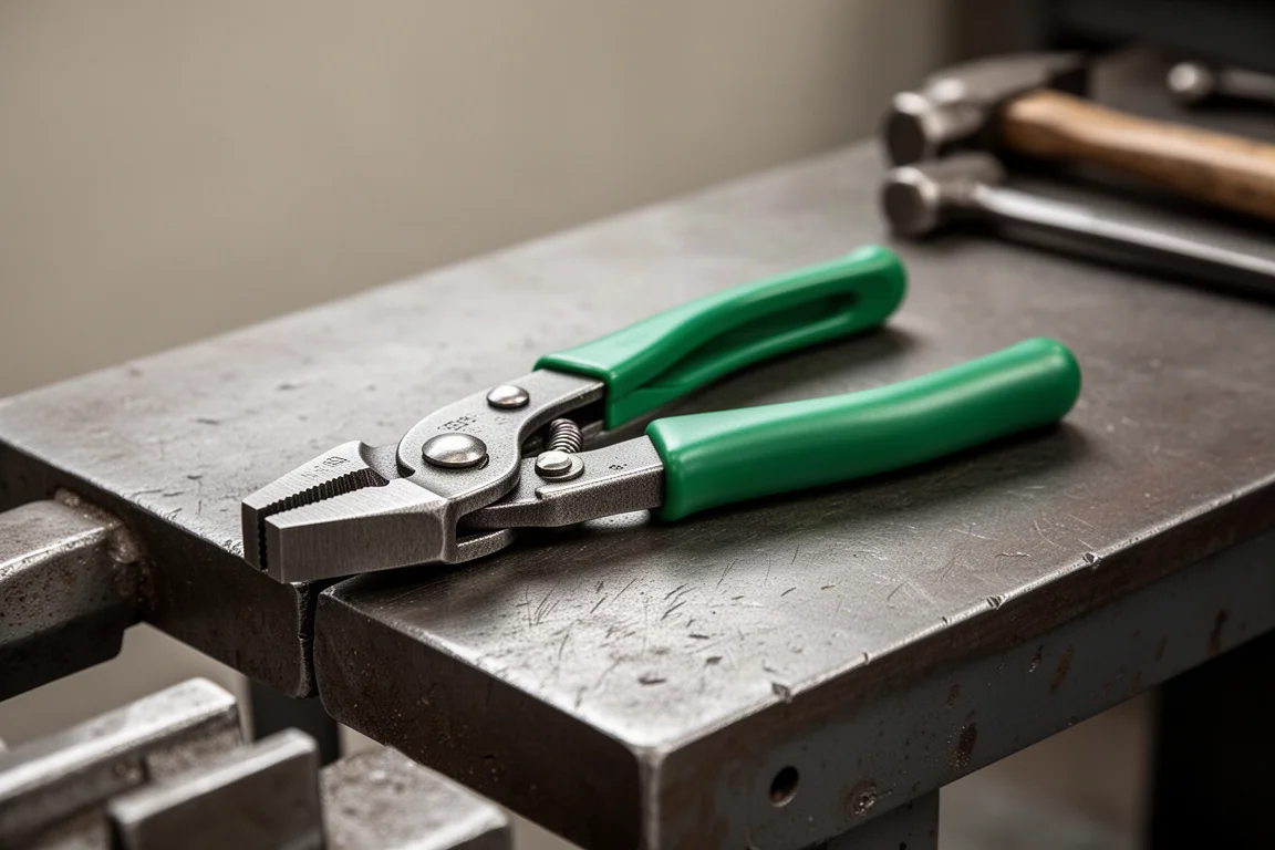 Green-handled compact pliers tool resting on a mechanic's steel workbench