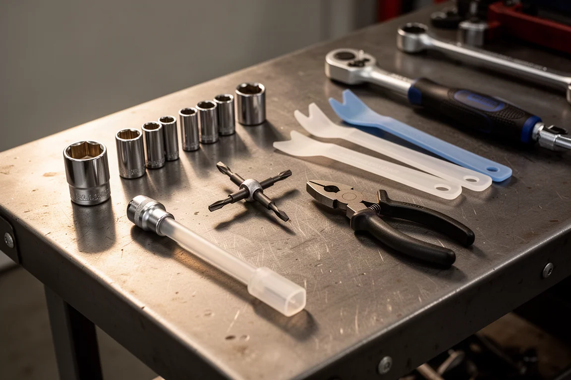 Mechanic's workbench with hand tools spread out in warm garage light