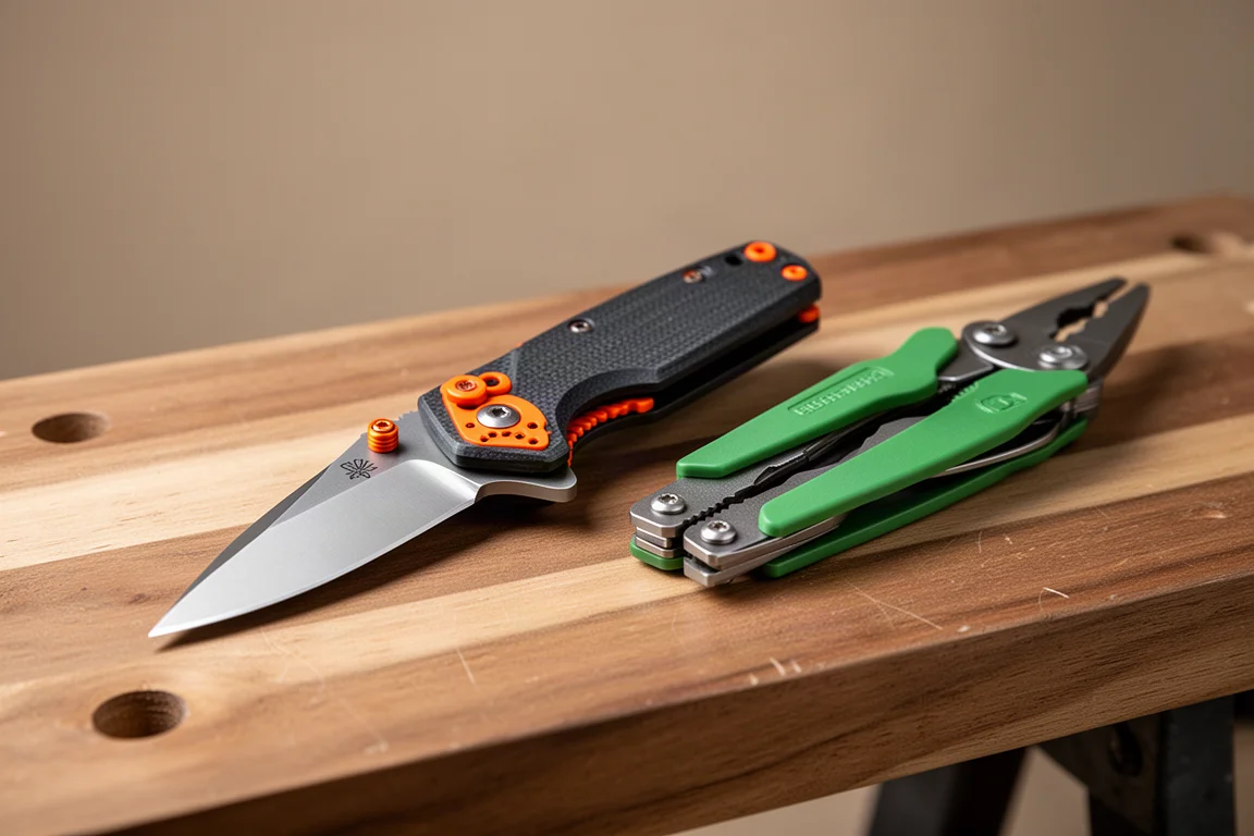 Benchmade Crooked River folding knife and Snap-on green pliers tool on a wooden workbench