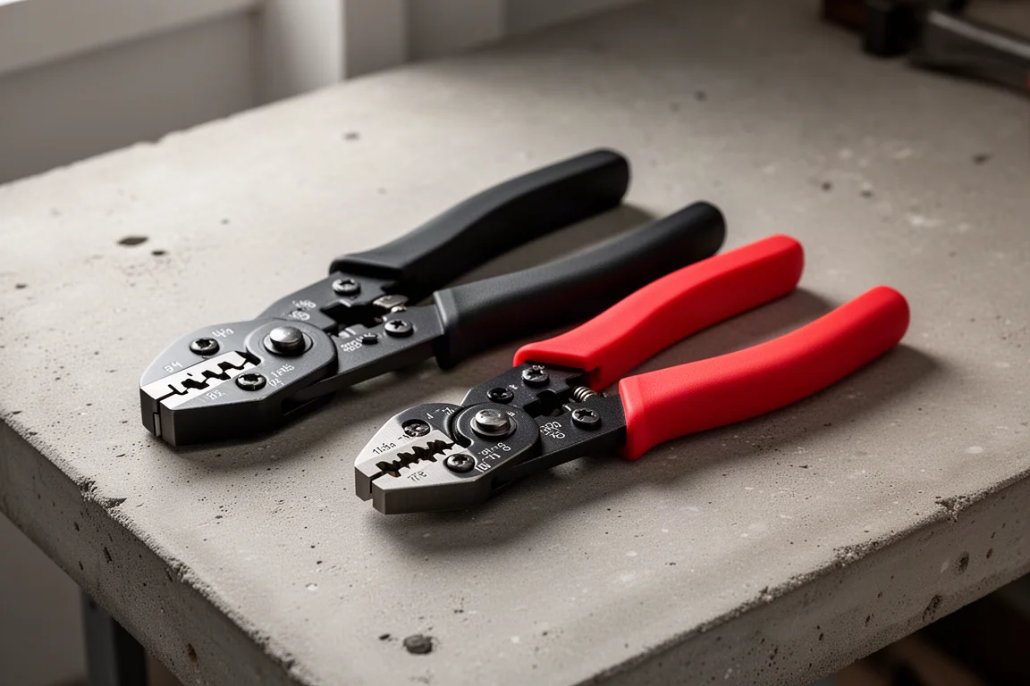 Two compact 7-inch wire stripper cutter crimper pliers side by side on a workbench