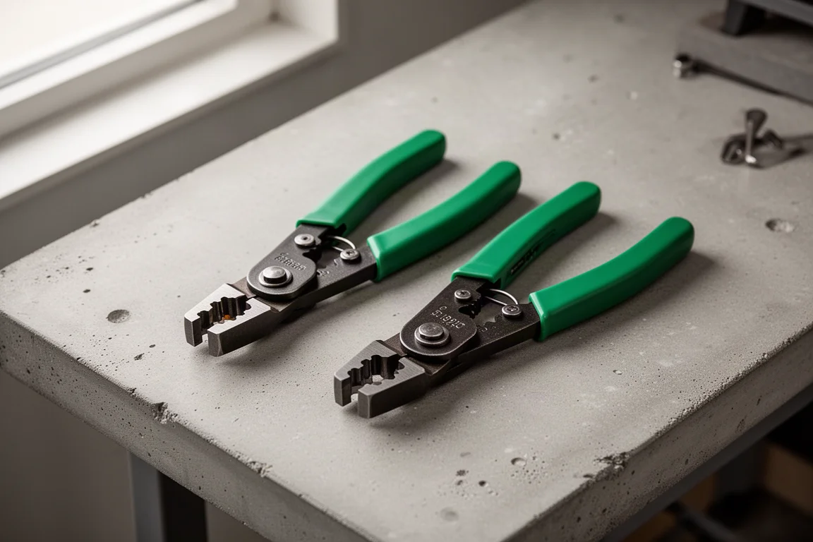 Two wire strippers lying side by side on a workshop bench for comparison
