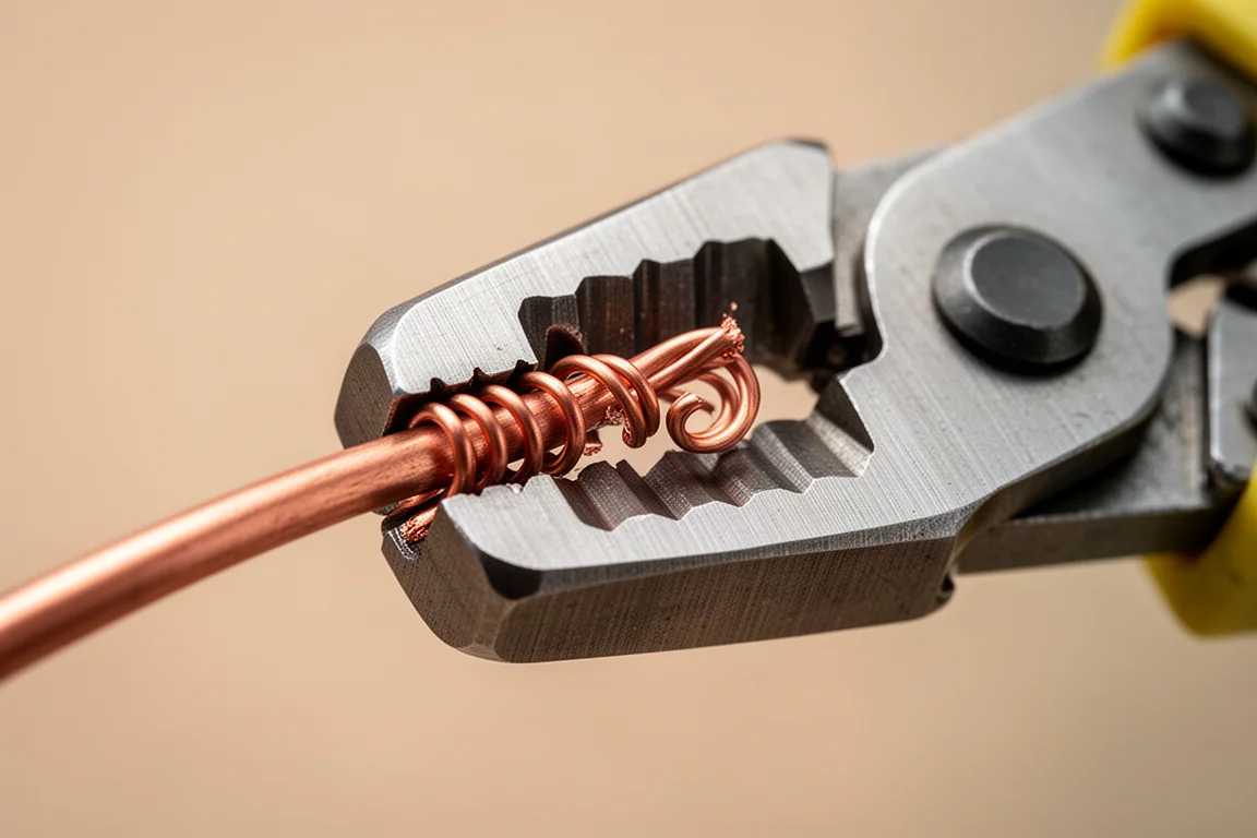 Close-up of a wire stripper jaw cutting insulation from a copper wire