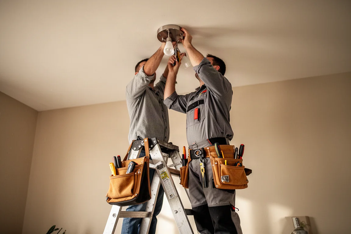 Electrician working on a ladder installing a light fixture
