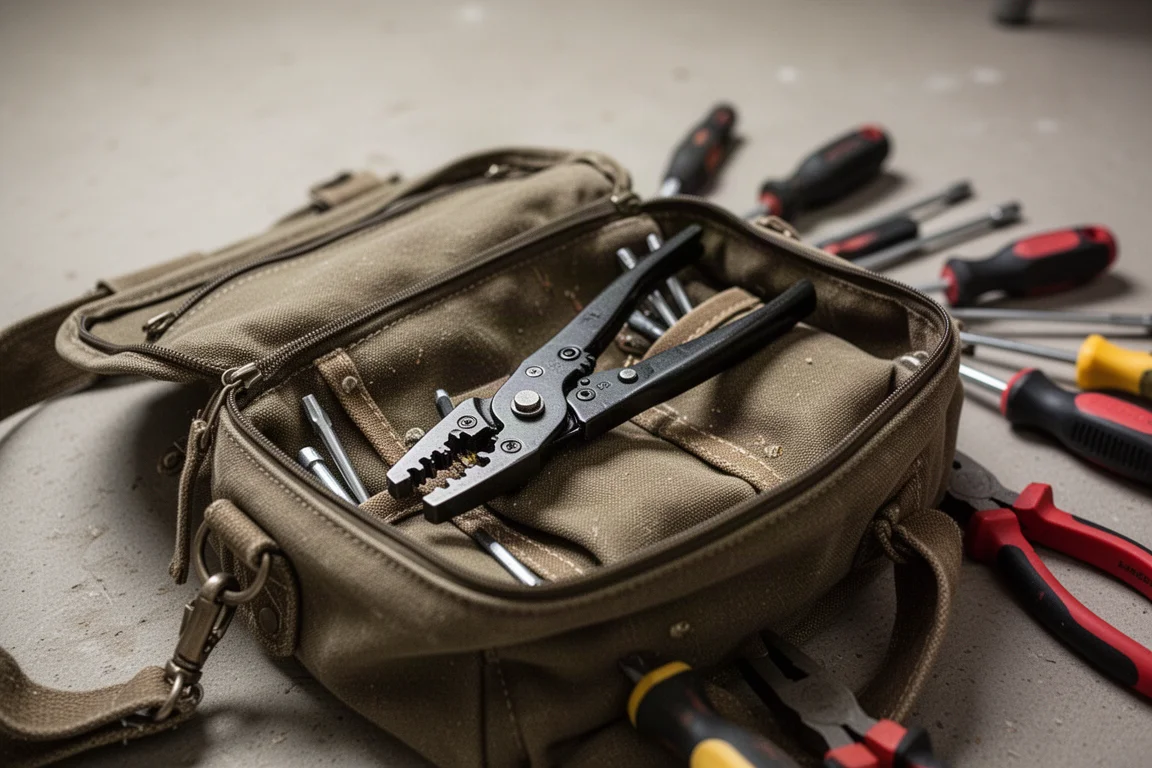 Wire stripper tossed into an open tool bag with its jaws popped open