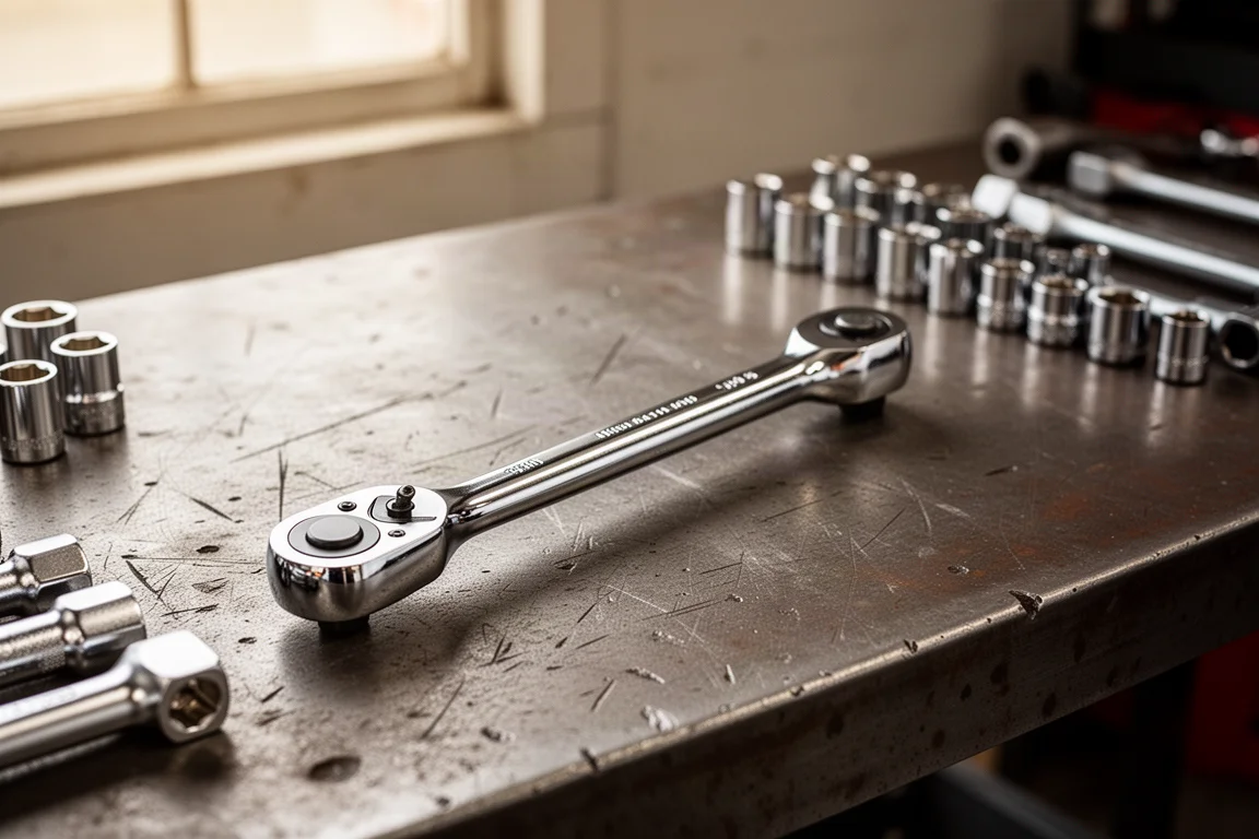 Locking Flex Head Ratsche auf einer stählernen Werkbank eines Mechanikers neben Stecknüssen