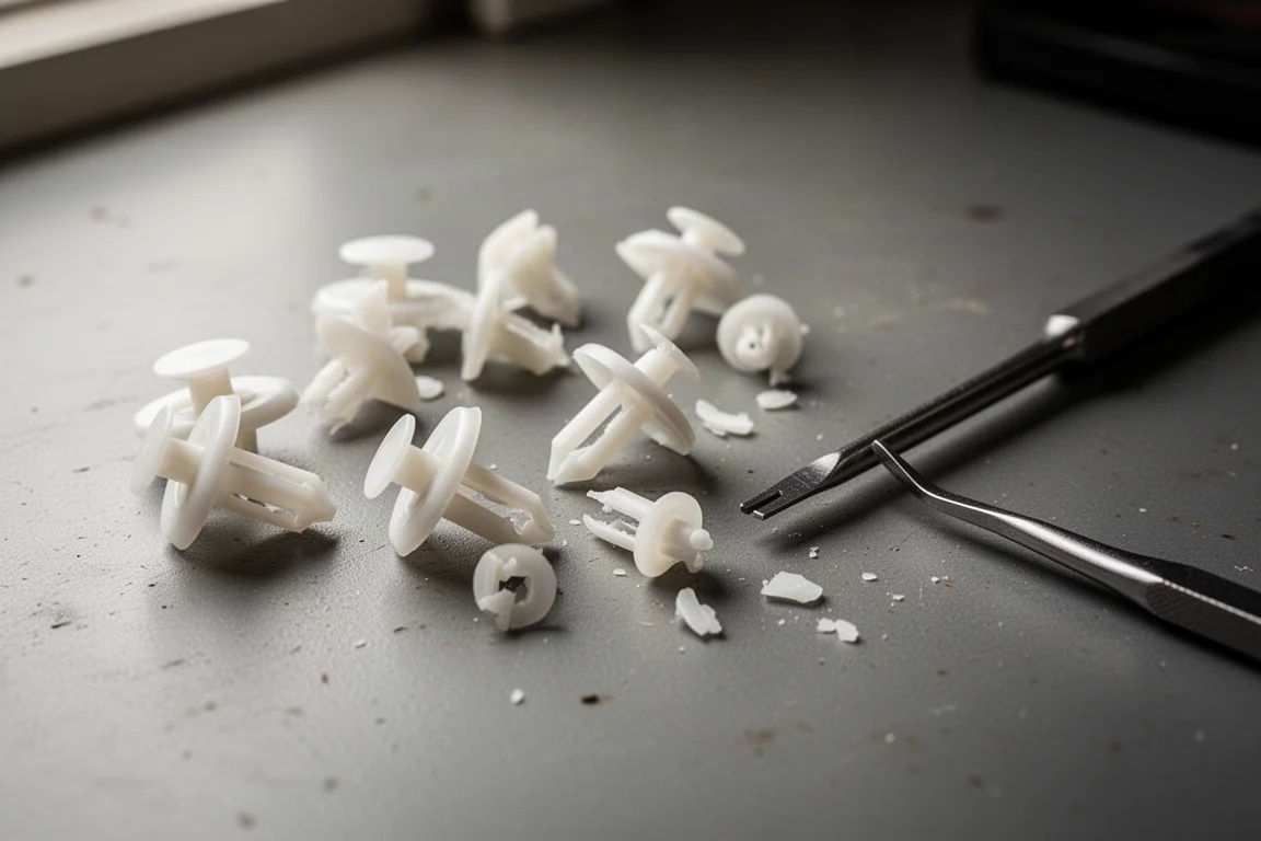 Graffe di plastica sparse su una panca da officina accanto a un utensile metallico per la rimozione delle rifiniture