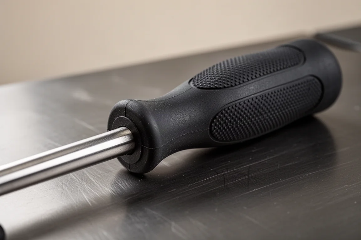 Impugnatura ergonomica gommata di un utensile appoggiata su una superficie da banco scura