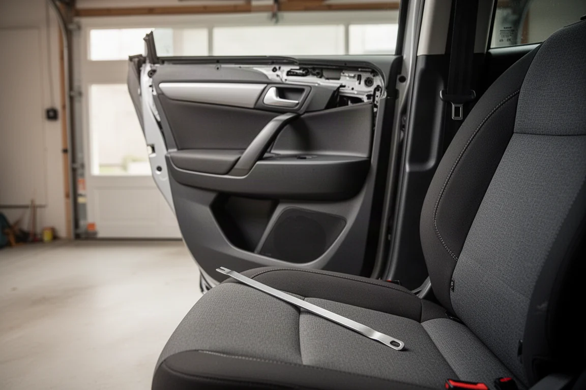 Pannello interno della portiera di un'auto durante la rimozione delle rifiniture in una riparazione
