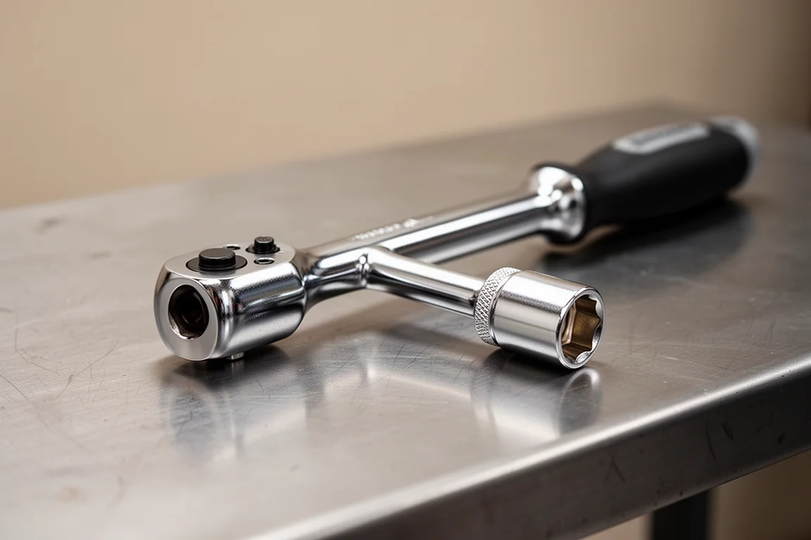 Chrome socket extension attached to a hand ratchet on a workbench