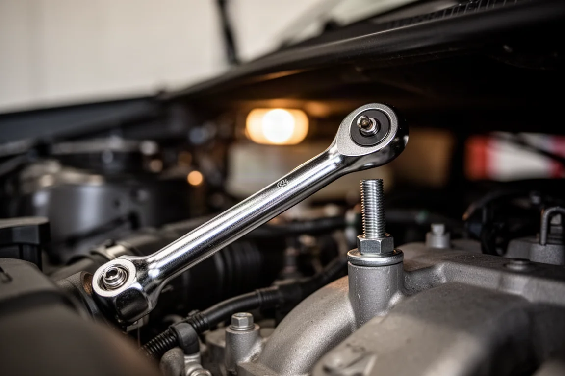 Extension bar angled at an offset inside a low-clearance engine bay
