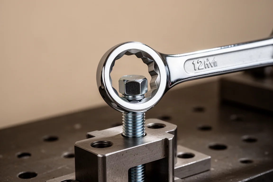 A polished 12-point box end wrench seated on a hex bolt head on a workbench