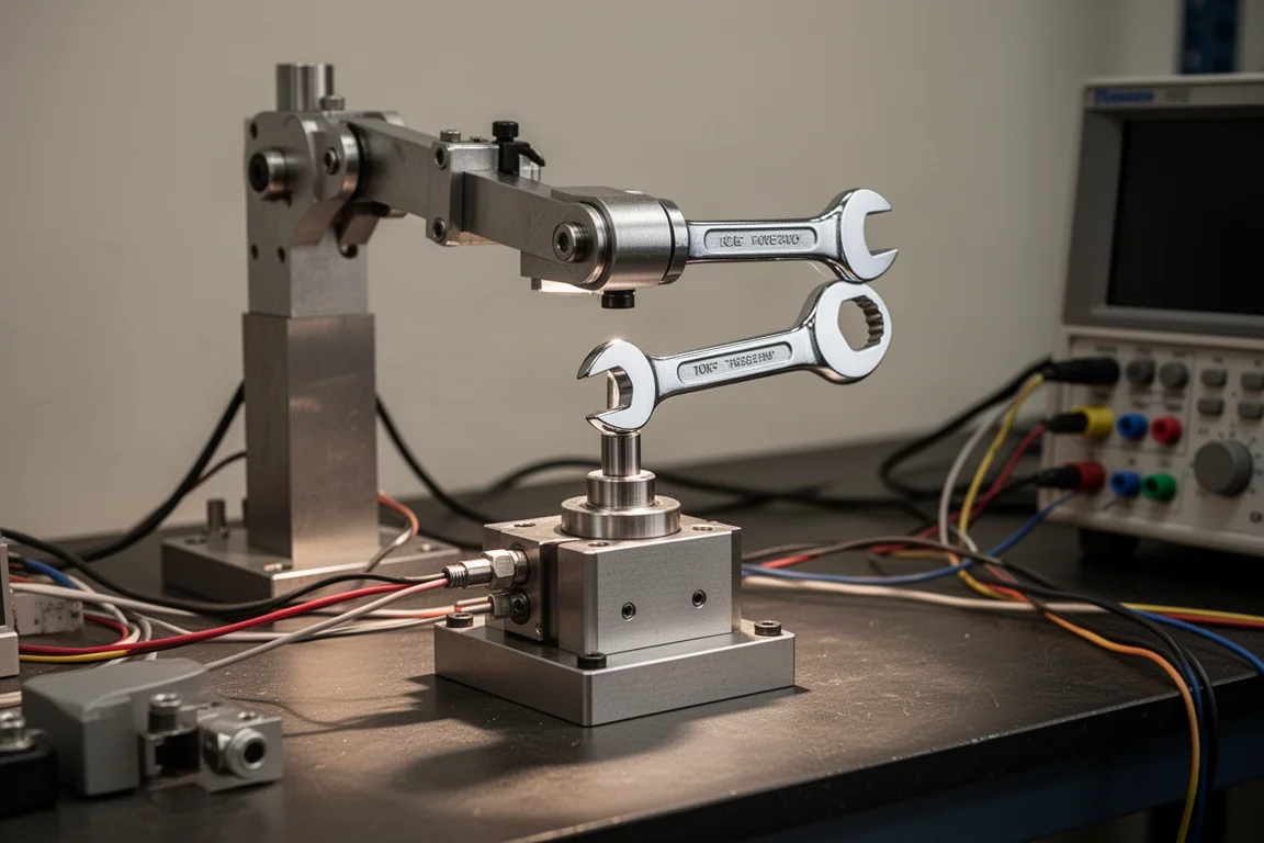 A robot arm turning a wrench on a torque test fixture in a workshop
