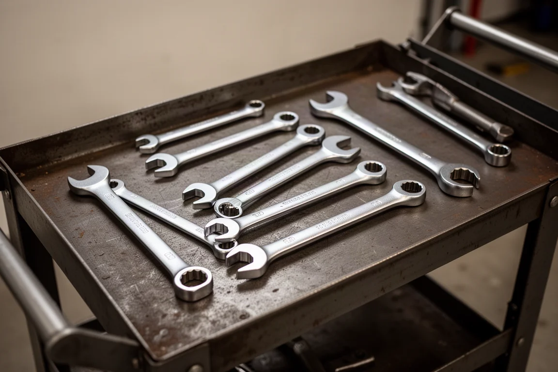 A set of wrenches arranged on a mechanic's tool cart in soft workshop light