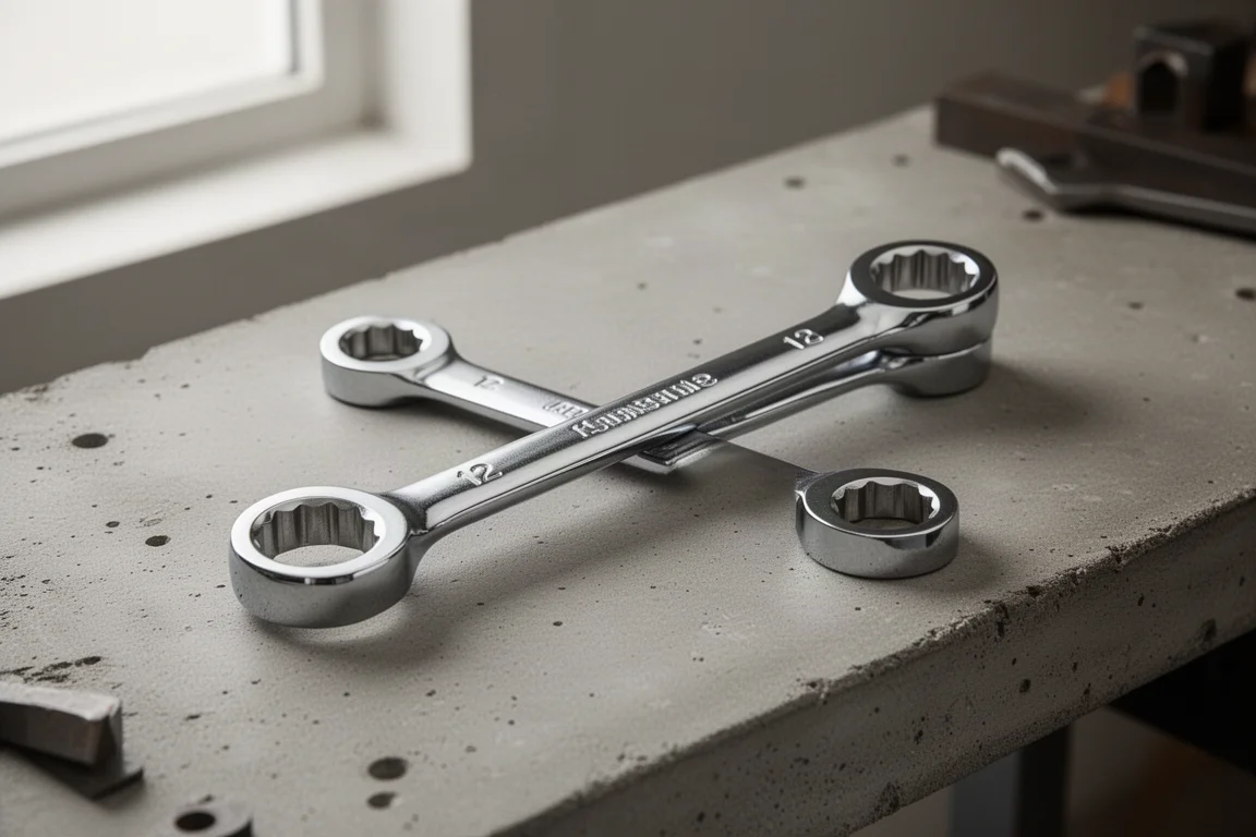 Polished chrome double box end wrench on a concrete workbench