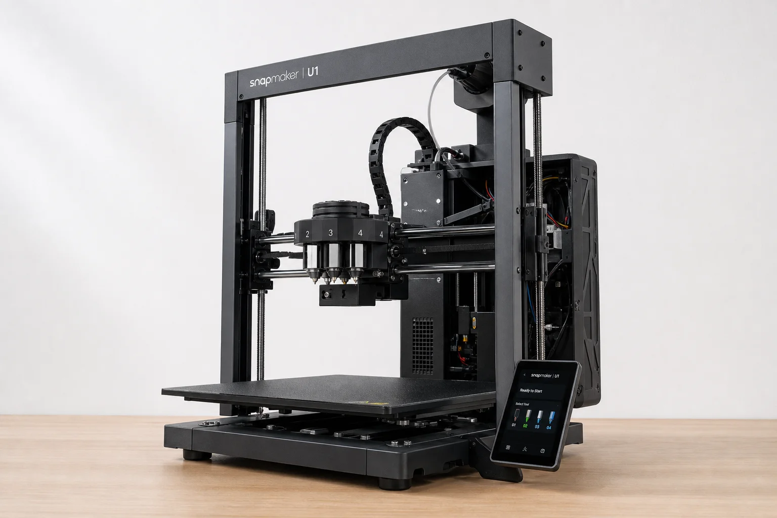 Collection of modern 3D printers on neutral background