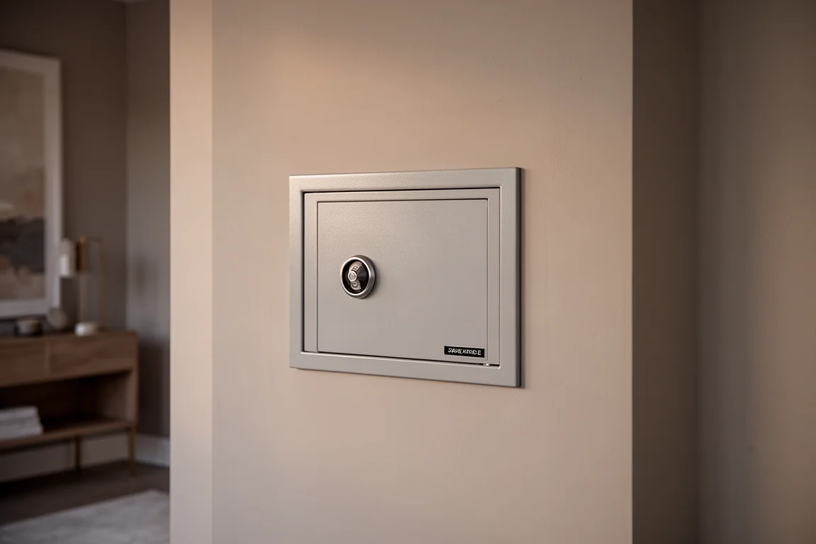 Cofre de parede cinza claro instalado rente em uma parede pintada de sala de estar