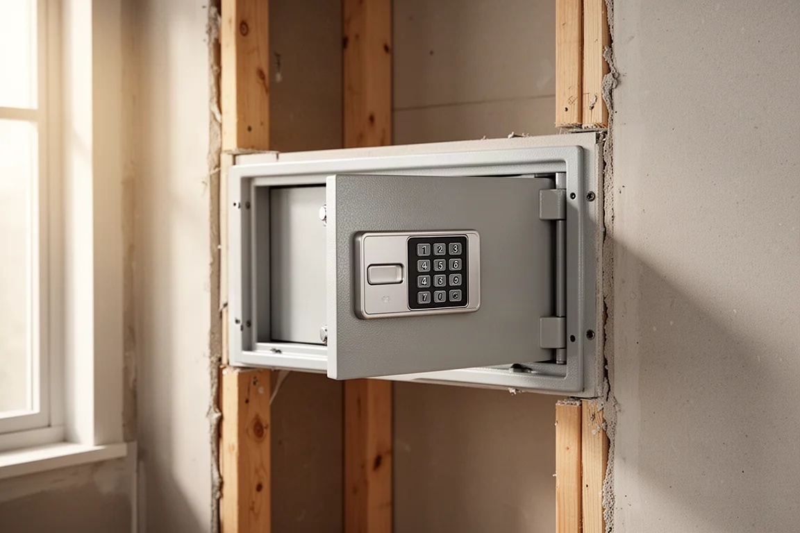 Light gray in-wall safe with digital keypad installed in a drywall opening between wall studs