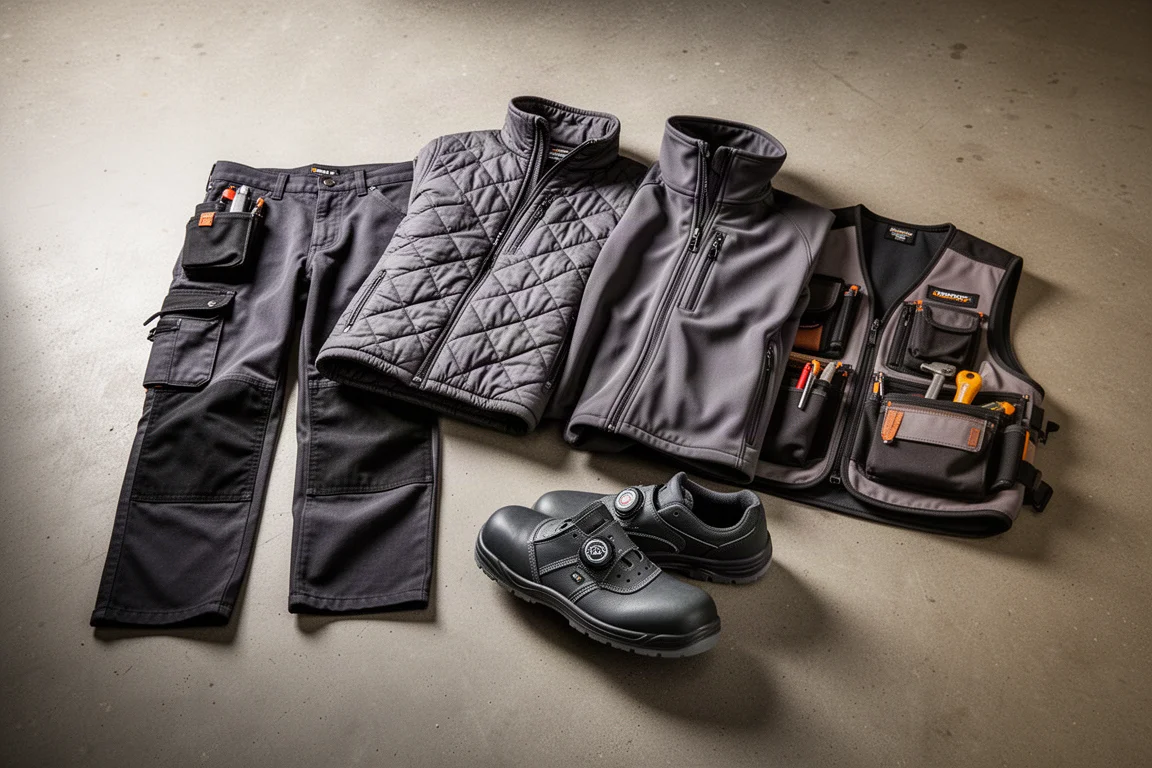 Workwear lineup including pants, jackets, a tool vest, and safety shoes on a concrete floor