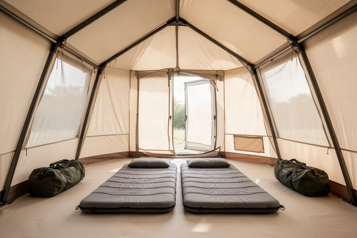 Interno di una tenda alta da quattro posti con due materassini e finestre in mesh