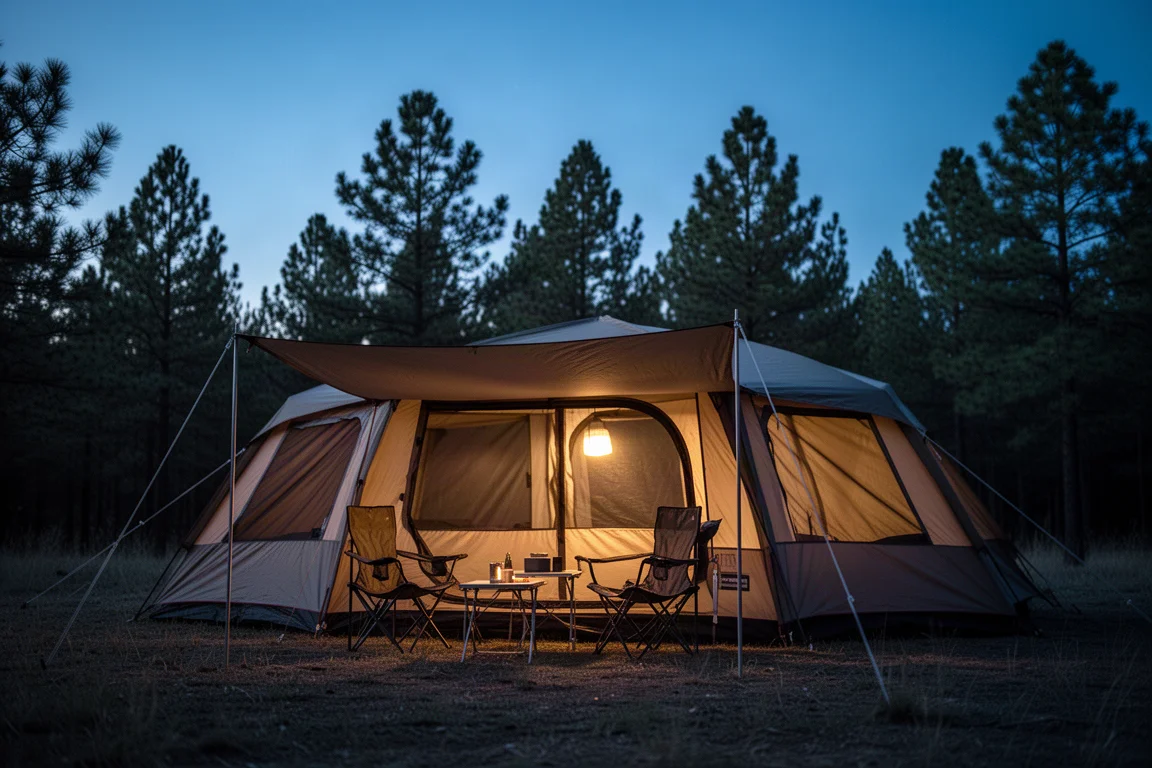 Grande tenda con veranda rialzata e sedie da campeggio al crepuscolo, illuminata dall'interno