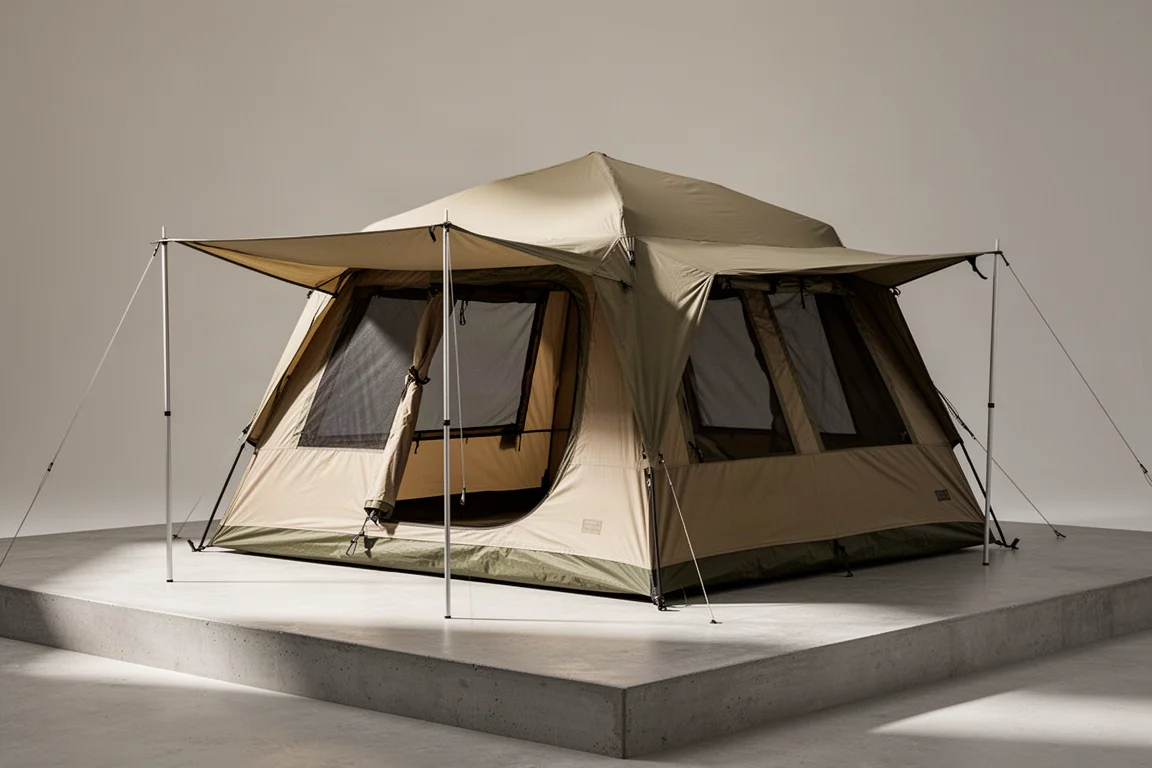 Large four-person camping tent with front awning pitched on a concrete platform