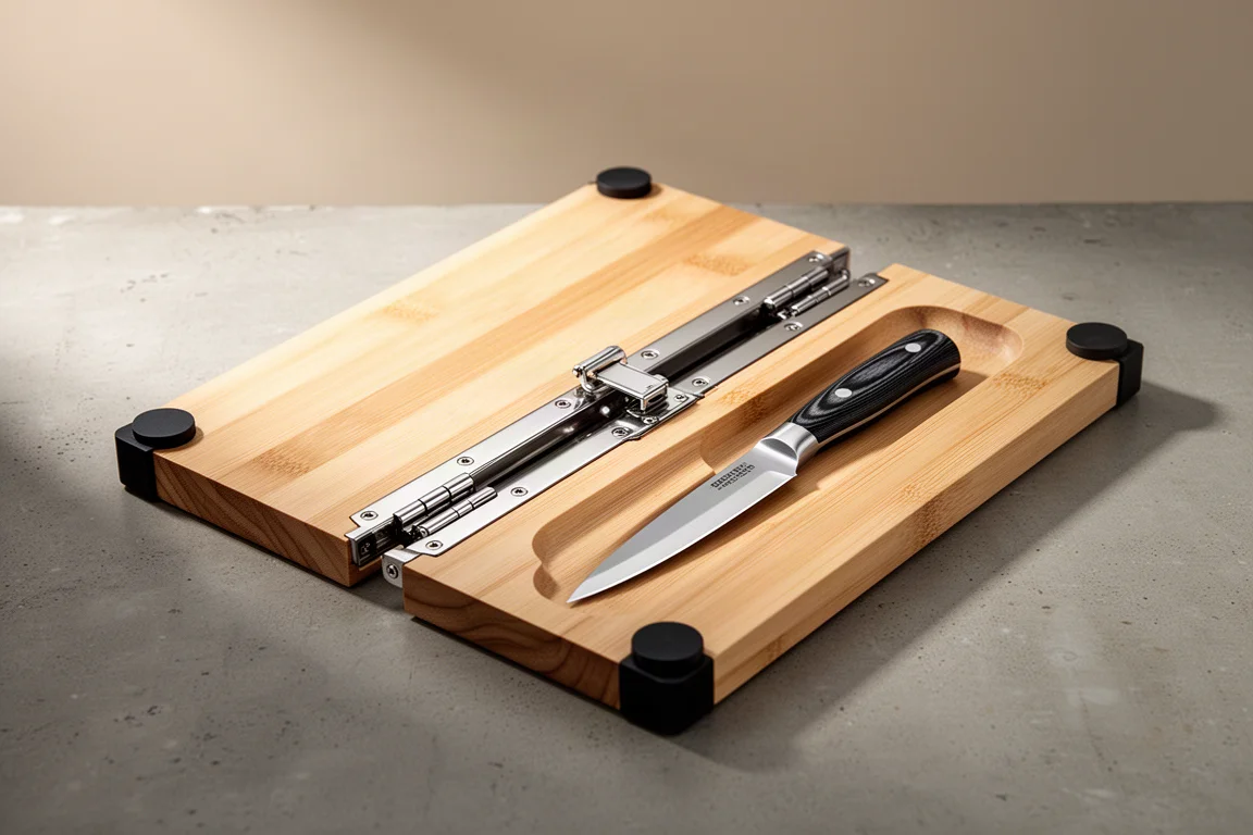 Foldable birchwood cutting board with stainless steel hinge and knife nested inside