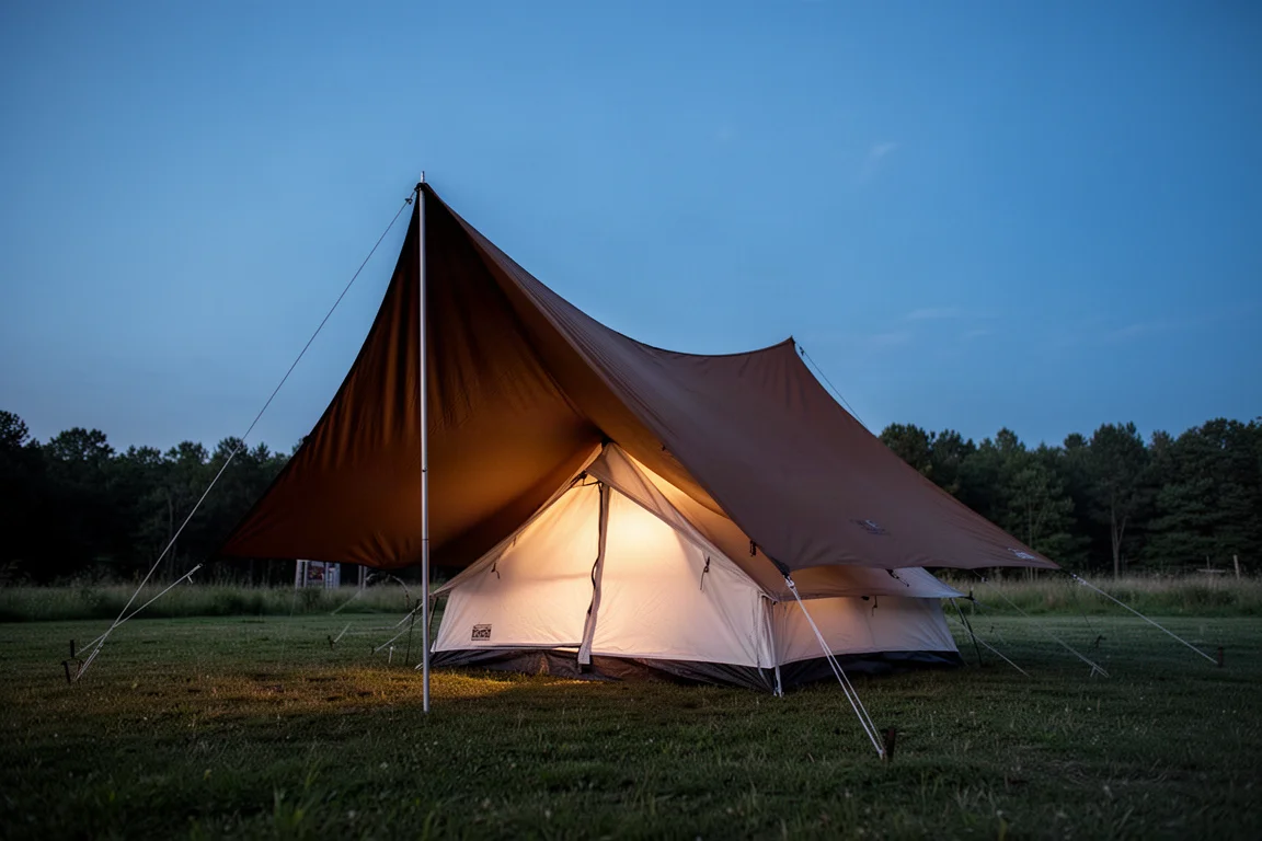 Abri de camping en tarp monté au crépuscule, avec une lumière chaude qui brille depuis la tente intérieure