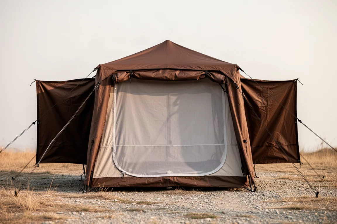 Panneaux arrière d'un abri tarp grands ouverts pour montrer la moustiquaire intérieure et la circulation d'air