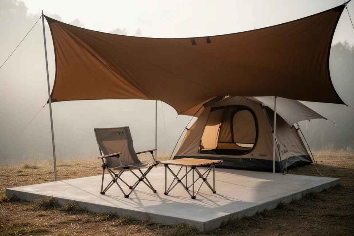 Chaise de camping et petite table disposées sous une toile de tarp ouverte
