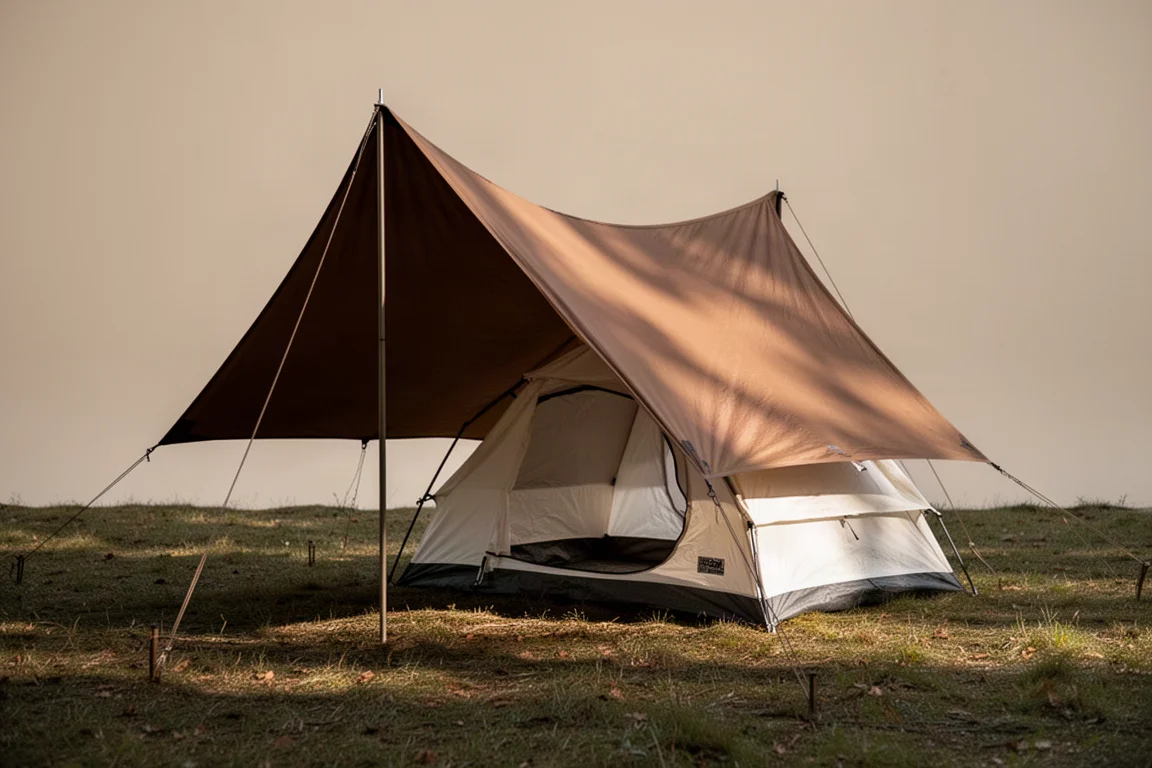 Two-part tarp and inner tent shelter pitched in a forest clearing with an open porch area