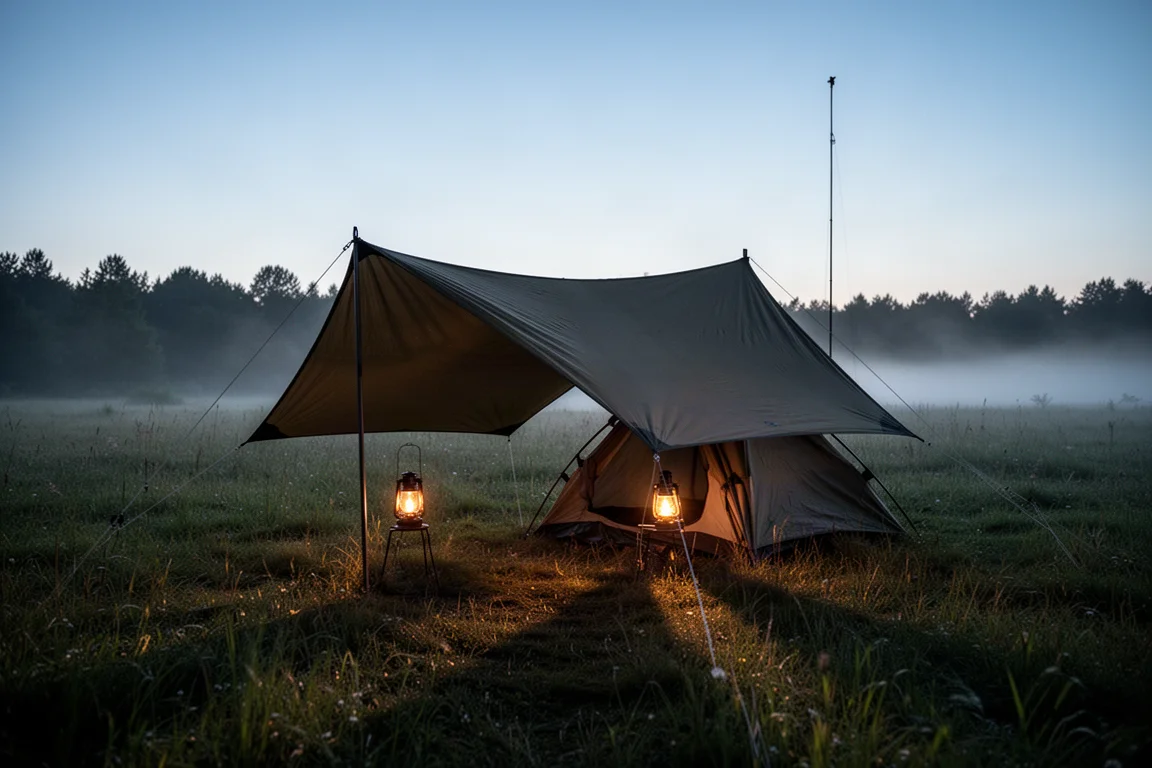Tarp-schuilplaats in hoog gras tijdens het blauwe uur met warm licht dat uit de binnentent schijnt