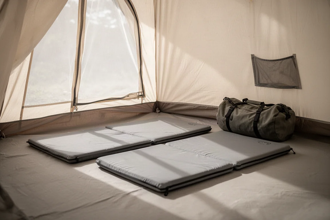 Twee slaapmatten en een sporttas in een tent met ochtendlicht door de mesh-deur
