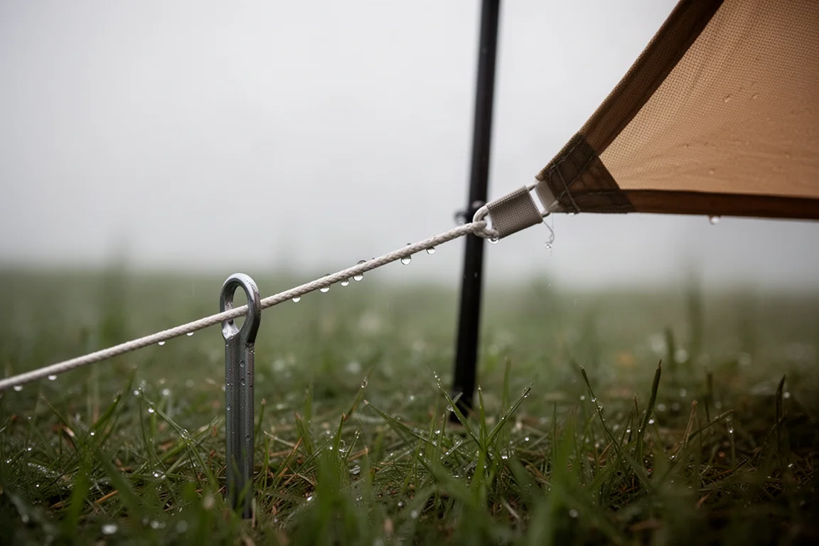 Close-up van een strak gespannen scheerlijn en een metalen haring in vochtig gras