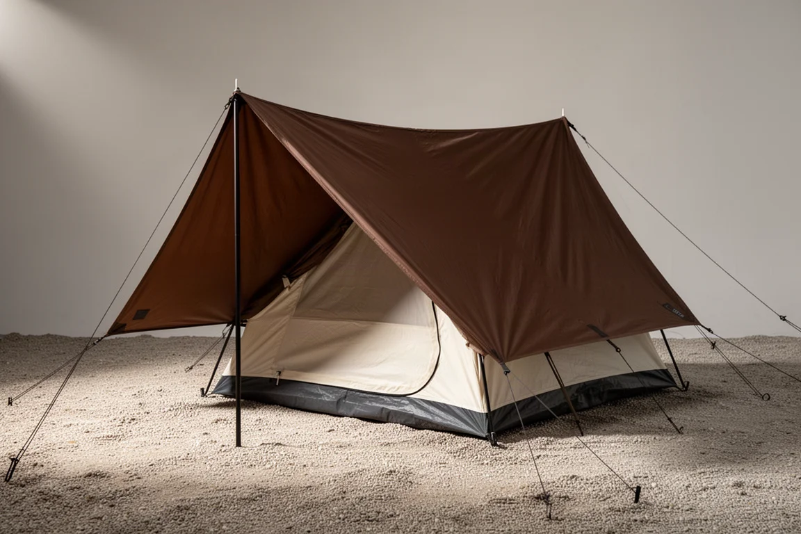 Brown tarp shelter with ivory inner tent pitched on a neutral gravel surface
