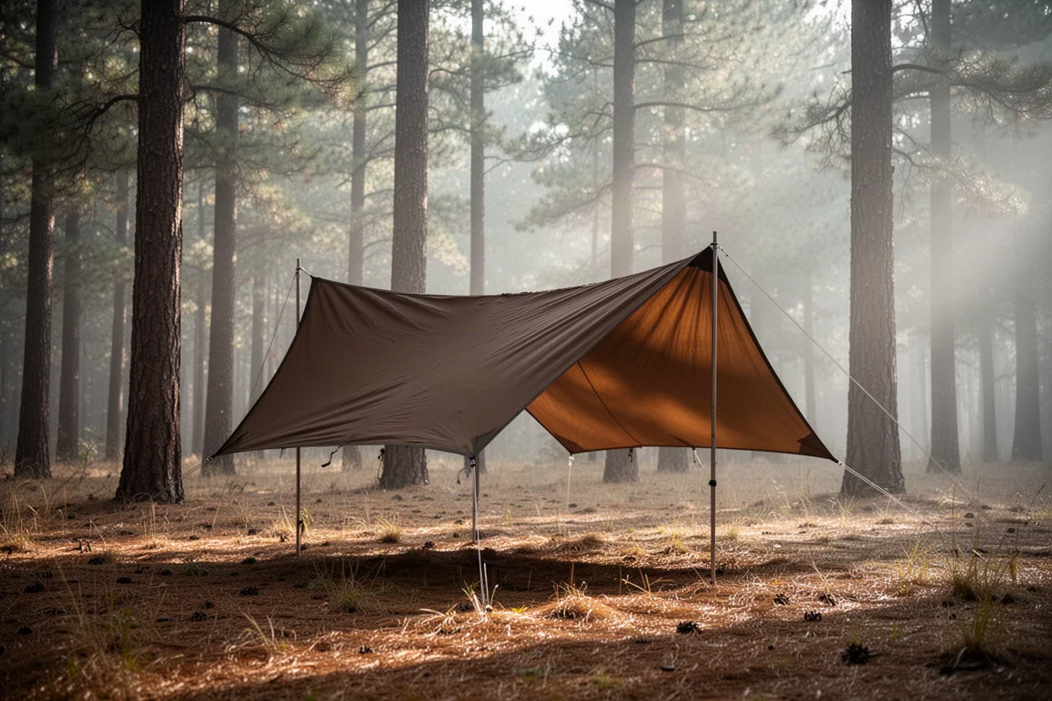 Brown tarp shelter pitched in a forest clearing in soft morning light
