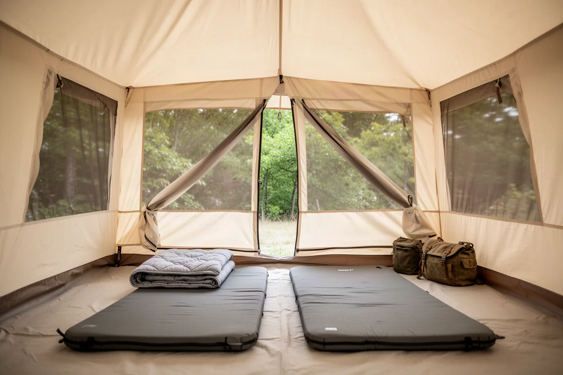 Interior of a camping shelter with two sleeping pads and open rear panels