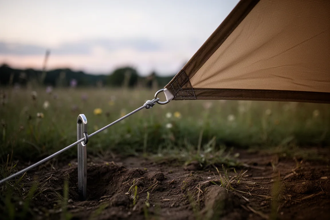 Close-up of a guy line and stake tensioning a tarp corner at dusk