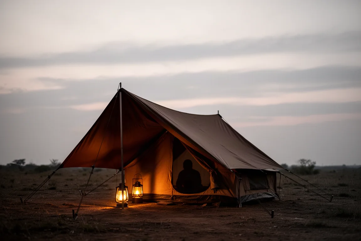 Tarp shelter glowing with lantern light under a wide evening sky