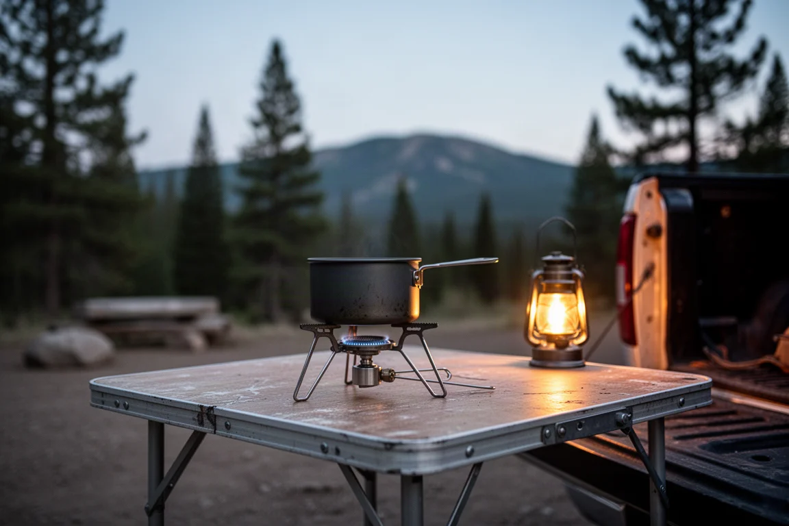 Camp stove set up on a tailgate table at a campsite during dusk