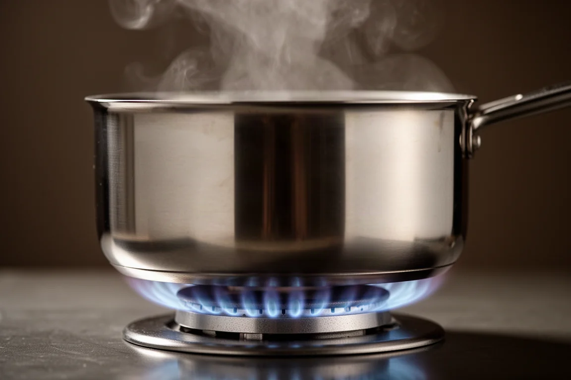 Close-up of a blue gas flame ring beneath a wide cooking pot