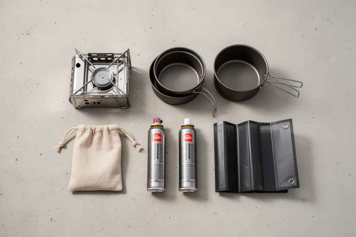Overhead flat-lay of a compact camp cooking kit on concrete
