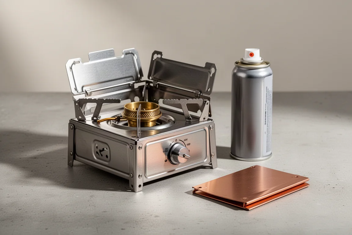 Collapsible stainless steel camping stove partly unfolded beside a butane canister on concrete